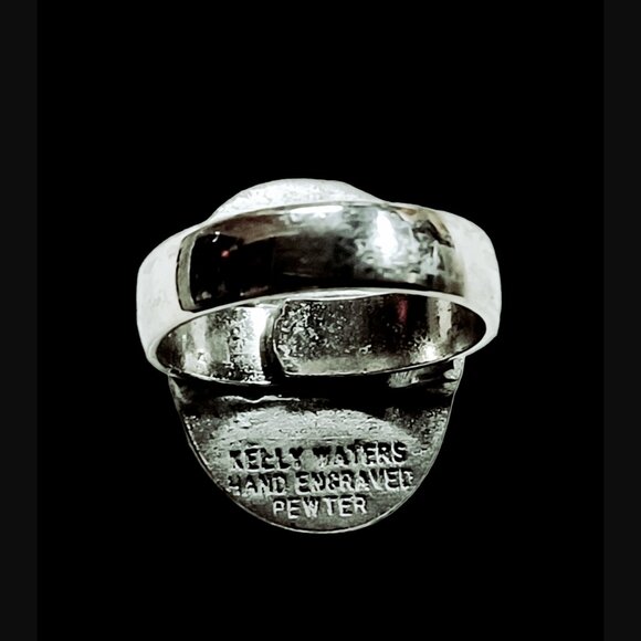 Kelly Waters Hand Engraved Pewter Adjustable Ring Resting Size 6.5 Floral Design - Picture 7 of 7